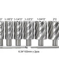 Annular cutter set, 6 pieces with Weldon shank, diameters 1–2 in, 2 in cutting depth, for drill press, includes two pilot pins.