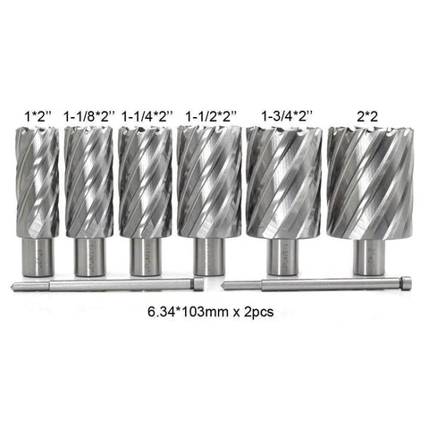 Annular cutter set, 6 pieces with Weldon shank, diameters 1–2 in, 2 in cutting depth, for drill press, includes two pilot pins.