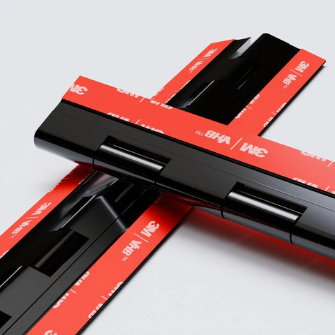 Four Pack Black Acrylic Piano Hinges 300 mm Self Adhesive Heavy Duty Cabinet Hardware For Storage Boxes And Tool Cases Tool Free Install Zero Fuss Setup Super Tough Ready To Roll Right Outta The Box close-up view showcasing self-adhesive back.