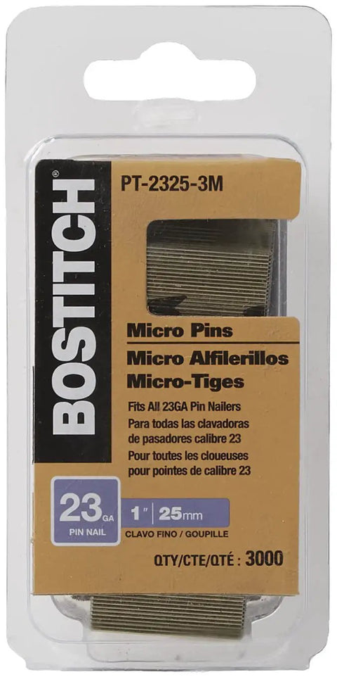 Headless 23 Gauge Pin Nails 1 Inch 3000 Pack in packaging for finish nailing and DIY projects
