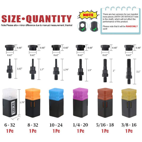 Assorted 6 Piece SAE Rivet Nut Gun Mandrel Kit With Nose Pieces For 6-32 8-32 10-24 1-4-20 5-16-18 3-8-16 Riveter Tips Spare Parts
