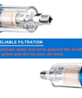 Moisture Separator Filter For Air Compressors Clear Glass With Blue Aluminum Cap One Quarter Inch NPT Connection Two Pack