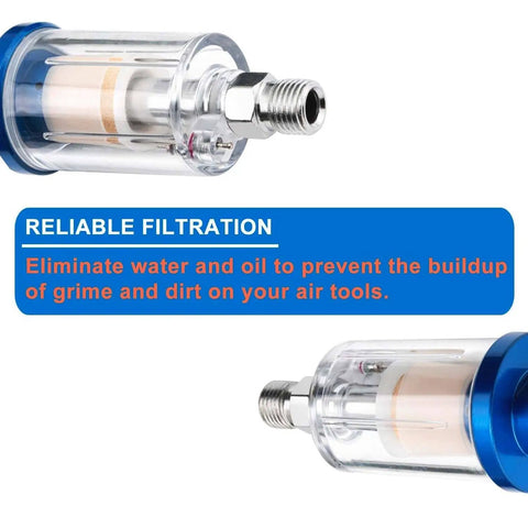 Moisture Separator Filter For Air Compressors Clear Glass With Blue Aluminum Cap One Quarter Inch NPT Connection Two Pack