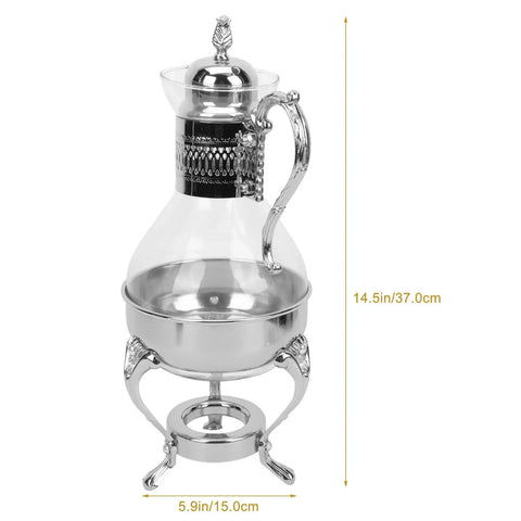 Heated Turkish Coffee Pot With Glass Pitcher And Lid, Luxury European Style Teapot Kettle, Zinc Alloy Construction, 37x18cm Silver