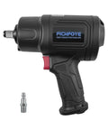 Rock Solid Half Inch Air Impact Wrench delivers 1620 Ft Lb torque and 8500 Rpm spin, featuring black body and red trigger.