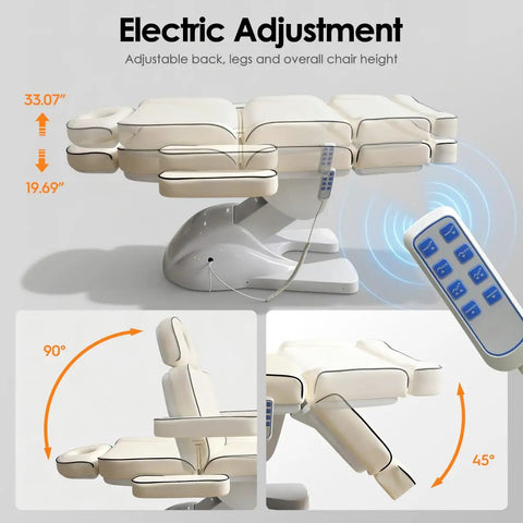 Qnoxlim Full Electric Massage Table With Lift, Whole Piece 3 Motor Professional Facial Bed showing adjustable angles and height.