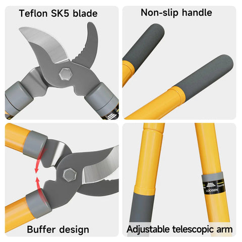 Close-up of Extendable Loppers For Tree Trimming 16 To 24 Inch Adjustable Handle With One Point Five Inch Cutting Capacity Heavy Duty