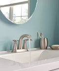 Graeden Two Handle Four Inch Centerset Bathroom Faucet In Spot Resist Brushed Nickel With Easy Temperature Control in use