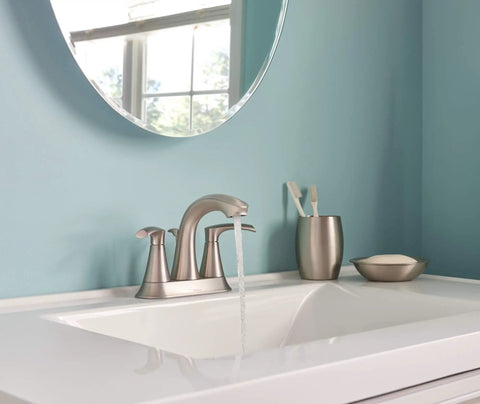 Graeden Two Handle Four Inch Centerset Bathroom Faucet In Spot Resist Brushed Nickel With Easy Temperature Control in use