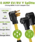 Heavy Duty 50 Amp NEMA 14-50 Y Splitter Adapter with yellow cable, showing prongs and dual RV outlets for campground use.