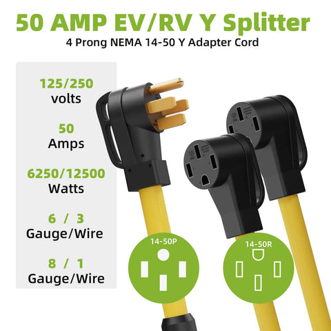 Heavy Duty 50 Amp NEMA 14-50 Y Splitter Adapter with yellow cable, showing prongs and dual RV outlets for campground use.