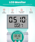 LCD display of 2 Inch Waterproof Turbine Water Flow Meter with NPT Thread showing real-time flow rate and total Gallons for outdoors.