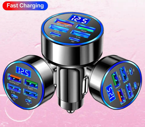 Final Boss Fast Car Charger With 120 Watt Raw Power And Six Lightning Quick Ports serving as a USB C cigarette lighter adapter with LED display.