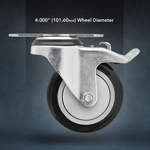 Rock Solid Heavy Duty 4 Inch Swivel Caster With Locking Brake For T Slot Aluminum Extrusions, showing 4" wheel diameter.