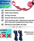 Gold Armour Tree Straps showcasing setup speed, 10 ft length, and 500+ lbs capacity compared to standard rope difficulty.