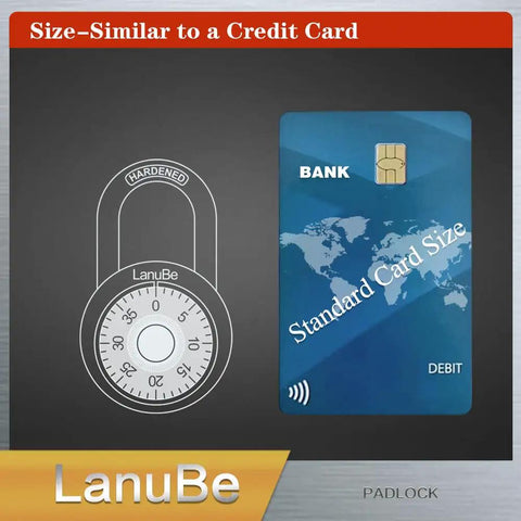 Diagram showing a 2 Inch Wide Dial Combination Lock With Preset Three Digit Code Black Turnplate Pack Of 16 next to a credit card.