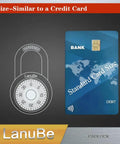 Illustration comparing 2 Inch Wide Dial Combination Lock with credit card size next to lock model