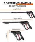 Pressure Washer Gun With 360 Degree Swivel Heavy Duty Labor Saving Hood Replacement Wand Extension M22 14mm And 15mm Fittings Three Eighth Inch Quick Connect Five Nozzle Tips With Holder 5000 PSI 41 Inch Stainless Steel, shown in three lengths: 41 inch, 26 inch, and 8 inch.