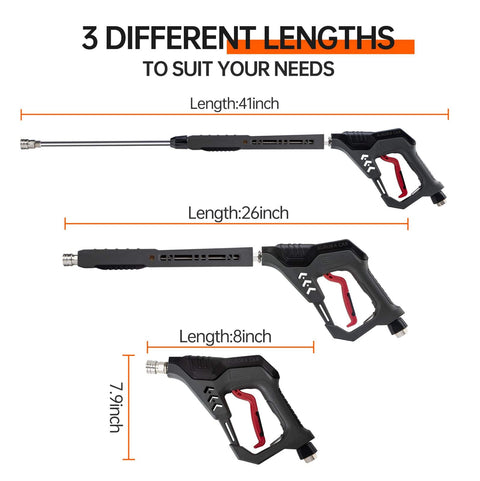 Pressure Washer Gun With 360 Degree Swivel Heavy Duty Labor Saving Hood Replacement Wand Extension M22 14mm And 15mm Fittings Three Eighth Inch Quick Connect Five Nozzle Tips With Holder 5000 PSI 41 Inch Stainless Steel, shown in three lengths: 41 inch, 26 inch, and 8 inch.