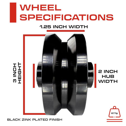 Rock Solid 3 Inch V Groove Sliding Gate Wheel Built Tough With Solid Steel Construction And Sealed Ball Bearings For 1000 Lb Loads Hassle Free Zinc Plated Black wheel specifications showing height, width, and hub dimensions.