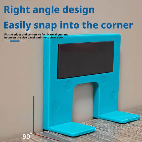 Right angle design corner alignment tool for cabinet installation, blue with black magnetic strip for easy corner fit.