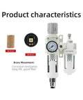 Three Eighth Inch PT NPT Compressed Air Filter Regulator Lubricator Combo with water/oil trap and auto drainage, brass characteristics shown