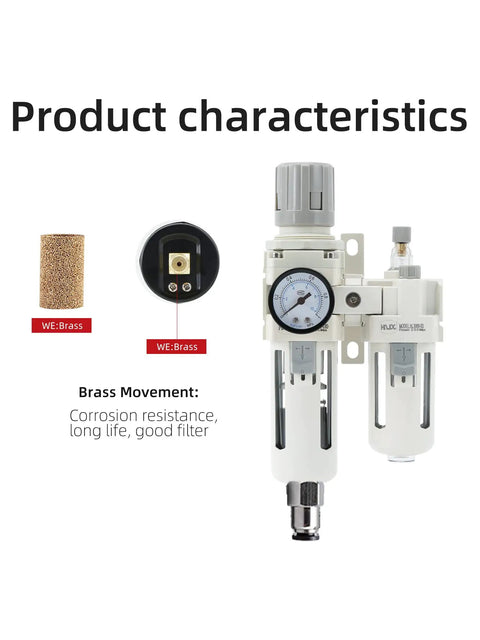 Three Eighth Inch PT NPT Compressed Air Filter Regulator Lubricator Combo with water/oil trap and auto drainage, brass characteristics shown