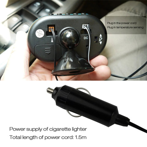 Shkalacar digital car thermometer and clock gauge with LED display, DC 12V; front-dash view with cigarette lighter plug.