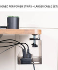 No Drill Clamp On 17 Inch Power Strip Tray for under desk cable management, mounted on desk edge, hiding cords, black steel, easy install