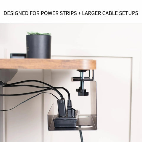 No Drill Clamp On 17 Inch Power Strip Tray for under desk cable management, mounted on desk edge, hiding cords, black steel, easy install