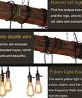 Close-up of rustic farmhouse chandelier with wooden beam and braided wires, featuring Edison bulbs for dining room vintage warm glow.