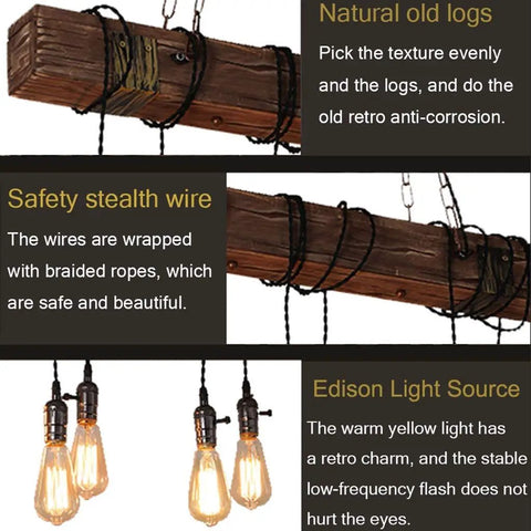 Close-up of rustic farmhouse chandelier with wooden beam and braided wires, featuring Edison bulbs for dining room vintage warm glow.