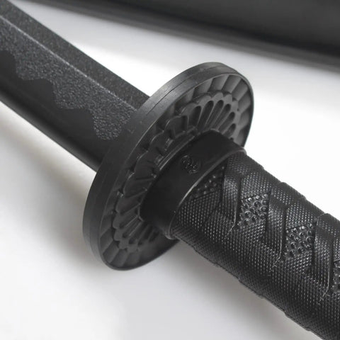 Close-up of handle and guard of 41 Inch Polypropylene Katana Sword For Training With Black Scabbard High Toughness Practice Blade
