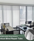 Quick Fix Vertical Blind Repair Kit With Grippy Adhesive Tabs For Bent Or Snapped Slats on vertical blinds in modern living room.