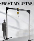 Heavy Duty Portable Aluminum Gantry Crane With Adjustable Height And Wide Beam, shown with height setting next to a figure.