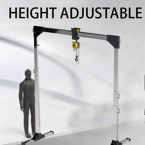 Heavy Duty Portable Aluminum Gantry Crane With Adjustable Height And Wide Beam, shown with height setting next to a figure.