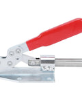 Beefy Push Pull Toggle Clamp for Quick Fixture Setup 180kg Holding Force Iron and Plastic Construction 13x8.5cm Clamp Tool for Equipment Installation Home Decor Woodworking Hand Use, red handle, side view