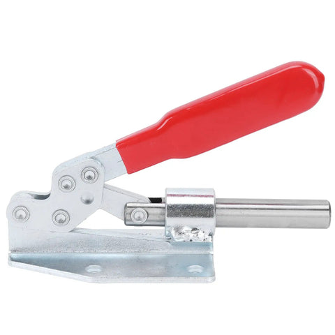 Beefy Push Pull Toggle Clamp for Quick Fixture Setup 180kg Holding Force Iron and Plastic Construction 13x8.5cm Clamp Tool for Equipment Installation Home Decor Woodworking Hand Use, red handle, side view