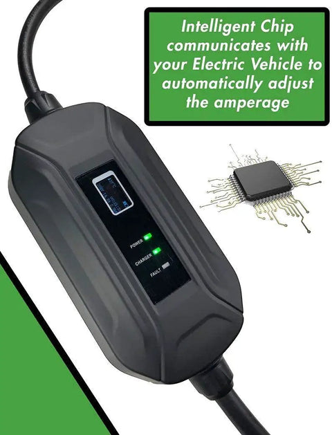 Level 2 EV Charger 16 Amp Portable EVSE Smart Car Charger For All EVs And PHEVs 30 40 50 Foot Cable Options NEMA L6 30P 240V 220V Fast Home Charging Plug And Go with intelligent chip component shown