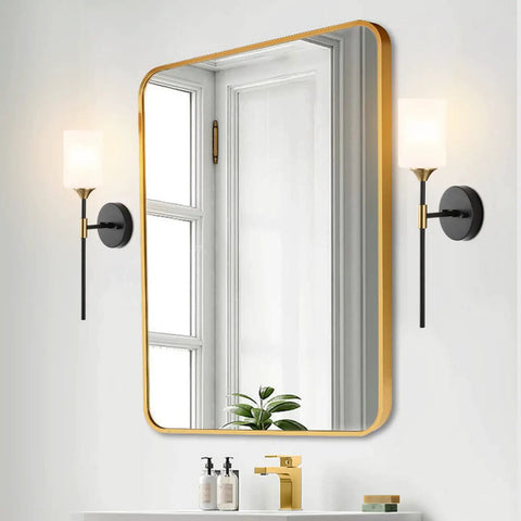 Industrial Mid Century Wall Sconce Set Of 2 With White Cylinder Glass Shades For Modern Bathroom Vanity In Matte Black And Brushed Brass Finish