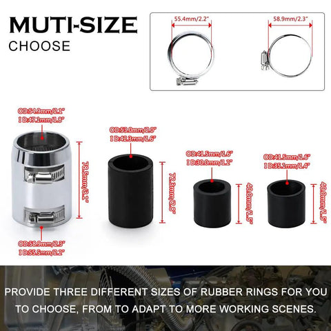 Diagram showing multi-size options for 24 Inch Stainless Steel Radiator Flexible Coolant Water Hose Kit with Cap Clamp in Silver