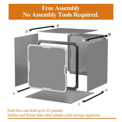 Totally Versatile 4 Cube Storage Organizer With Doors, exploded view showing assembly process, dark grey panels, no tools needed