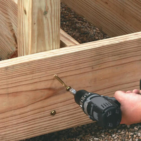 Drilling Gold Ten By Two And A Half Inch Structural Wood Screws With Washer Head And Star Drive For Interior And Exterior Use into wood