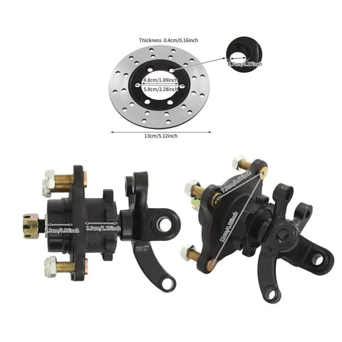 Front Wheel Hub Four Stud Steering Knuckle Spindle For Go Kart ATV Dirt Bike UTV 125cc To 250cc Front Brake Disc Rotor Assembly With Caliper Heavy Duty Upgrade shown with dimensions
