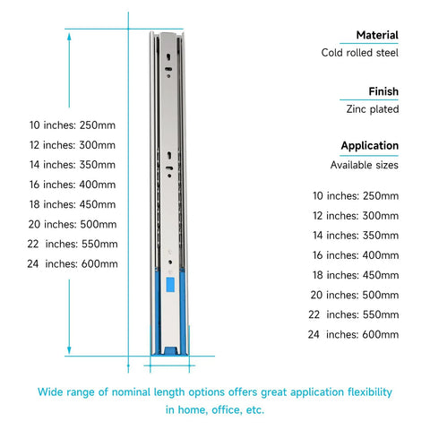 12 Inch Soft Close Drawer Slides Set Of 6 Pairs, Full Extension Side Mount Cabinet Hardware For More Cabinet Space With Easy Install, Screws Included, 1.77 Inch Wide, 0.5 Inch Thick, Rear Brackets Not Included, zinc-plated steel slide with size chart