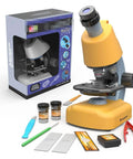 Kids 800x Educational Microscope For Beginners with orange body and accessories, including slides and tools, beside packaging box.