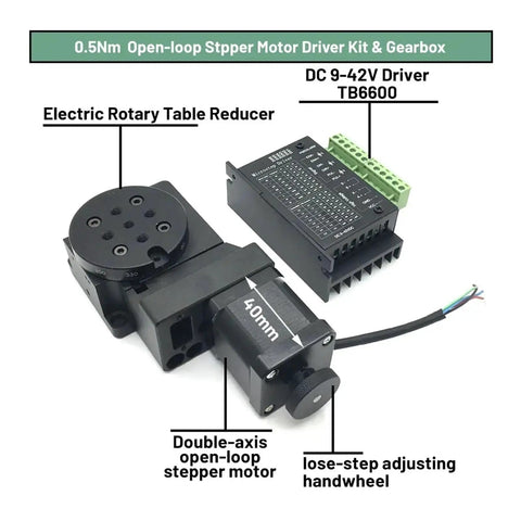 Precision Rotary Indexing Table With Integrated Stepper Drive Gearbox And Smooth Cam Splitter 24V DC Setup detailed view of motor and driver components.
