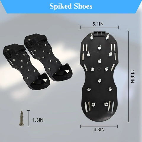 Spiked shoes for 20 Inch Spiked Roller Kit with adjustable handle, cover, spiked shoes, and gloves for epoxy resin and concrete coatings.