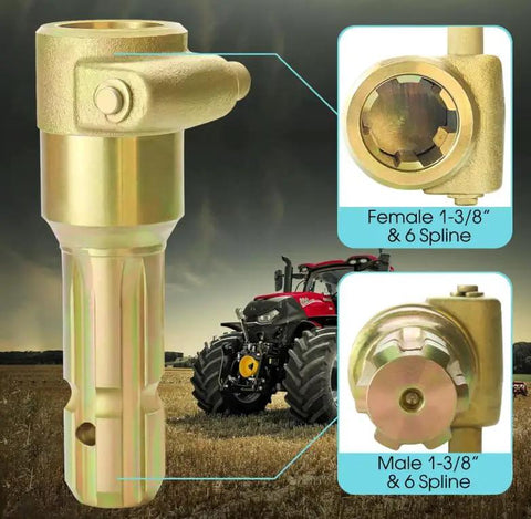 Top Tier Heavy Duty 1-3/8X1-3/8 PTO Adapter With 6 Spline Male Female Ends For Tractors, close-up view of coupler.