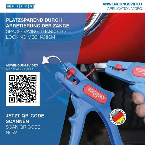 Image shows two blue Automatic Wire Stripper No 5 With Side Cutter For 0.2 To 6 Mm2 Cables held in hand, QR code visible.